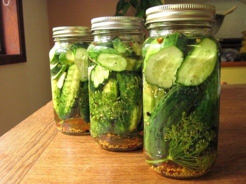 Three glass jars of cucumbers, dill, and spices on a wooden table